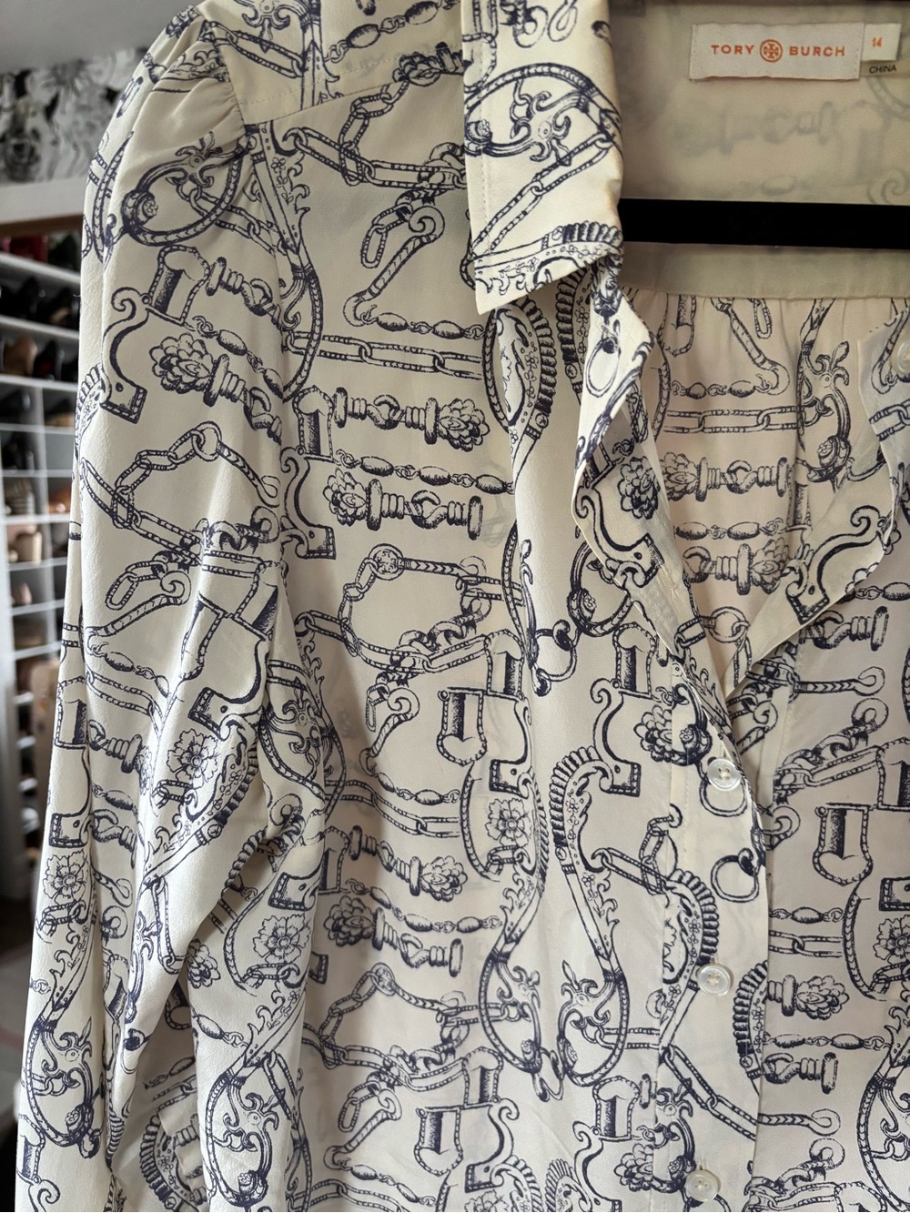 Tory Burch Silk Cream Shirt with Navy Equestrian Chain Print - Picture 2 of 2